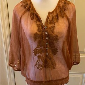 Daniel Rainn Sheer Embroidered Top Gathered Waist